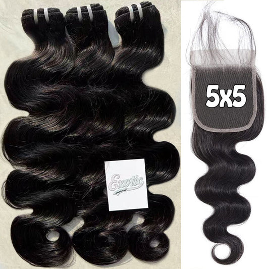 (3Bundles+5x5 HD Lace Closure)Body Wave Virgin Human Hair