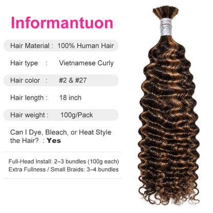 Vietnamese Curly 11A Bulk Human Hair for Braiding – #2/#27