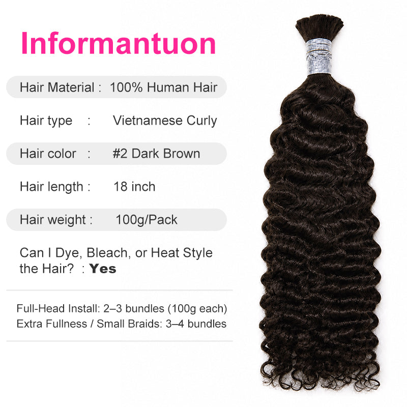 Vietnamese 11A Curly Bulk Human Hair for Braiding – #2 Dark Brown