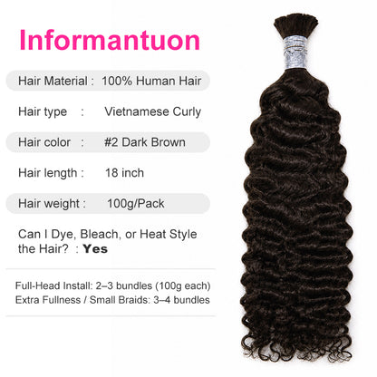 Vietnamese 11A Curly Bulk Human Hair for Braiding – #2 Dark Brown
